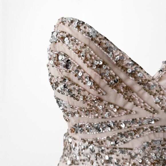 Vintage Y2K Beige Nude Beaded Fit Flared Maxi Formal Prom Dress Size S/M - Picture 5 of 7